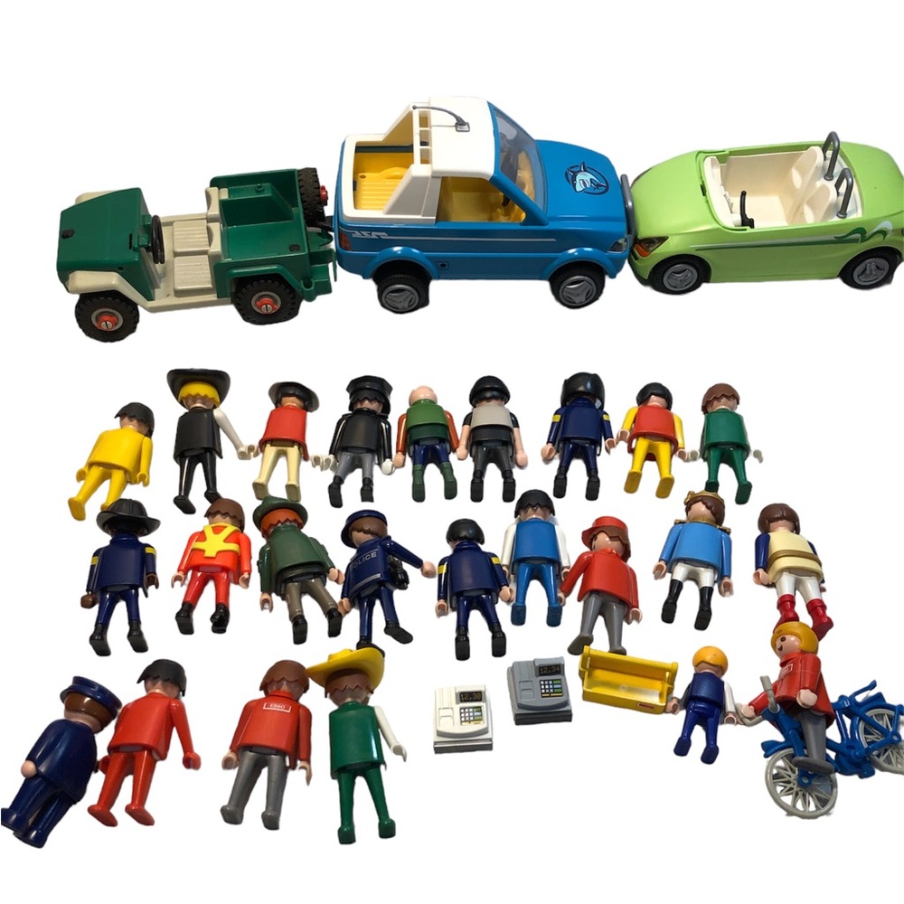 Large Lot of Vintage Play Mobil Geobra Toys 24 Figures With 3 Vehicles 70s-90s